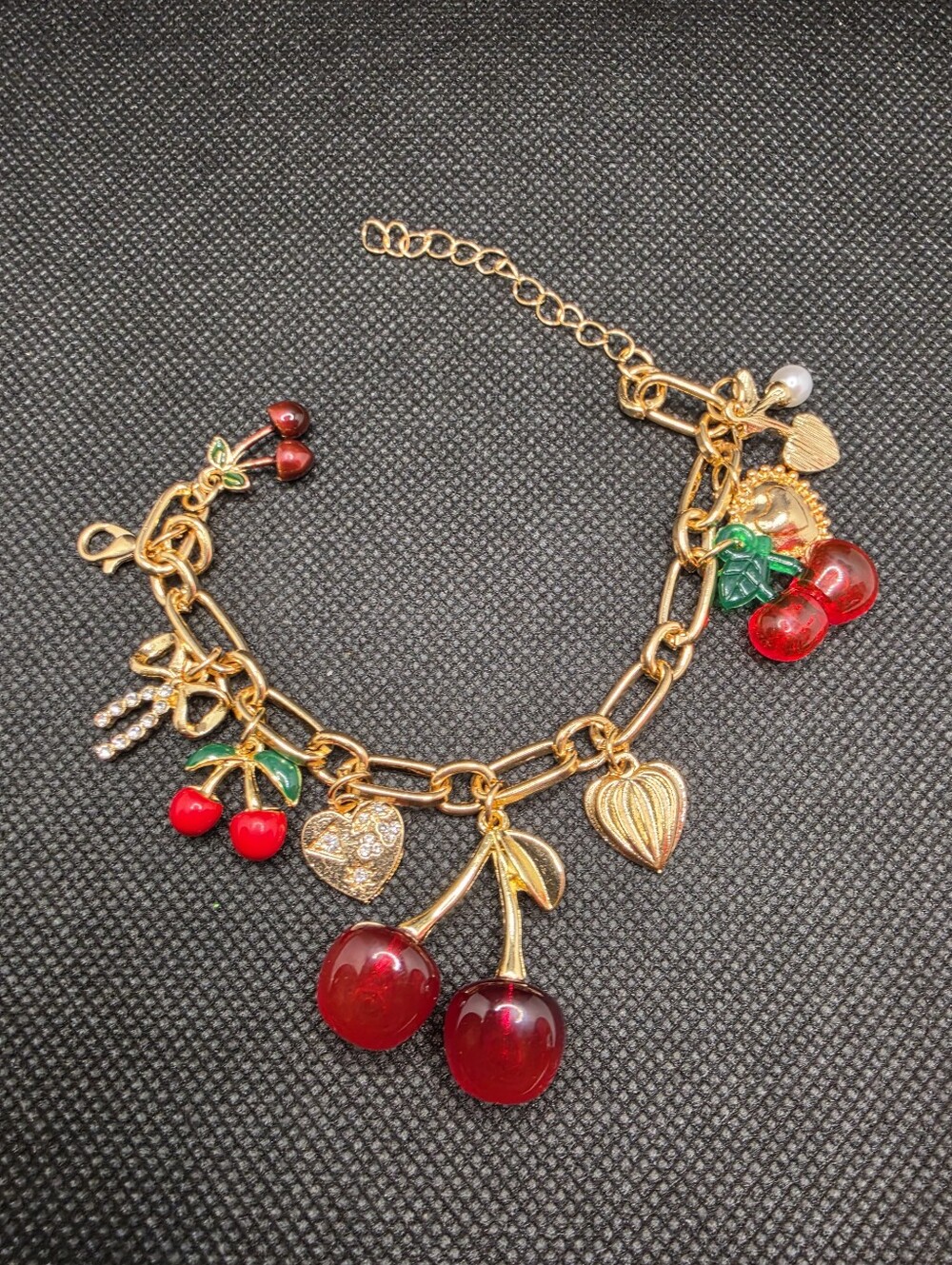 Gold-Tone Cherry Charm Bracelet - Red Cherry Charms